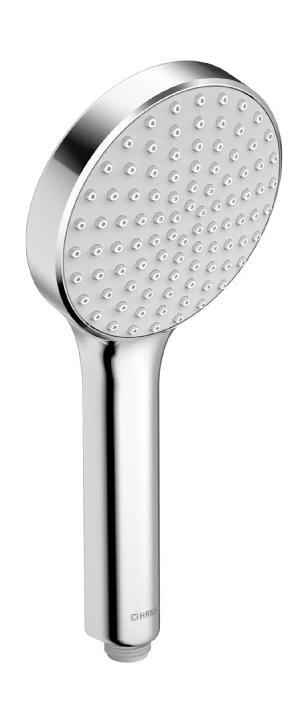 Handbrause in Chrom mit runder Kopfpartie und gleichmäßig verteilten Düsen. Hersteller ist HANSA. Das Design ist funktional und schlicht.